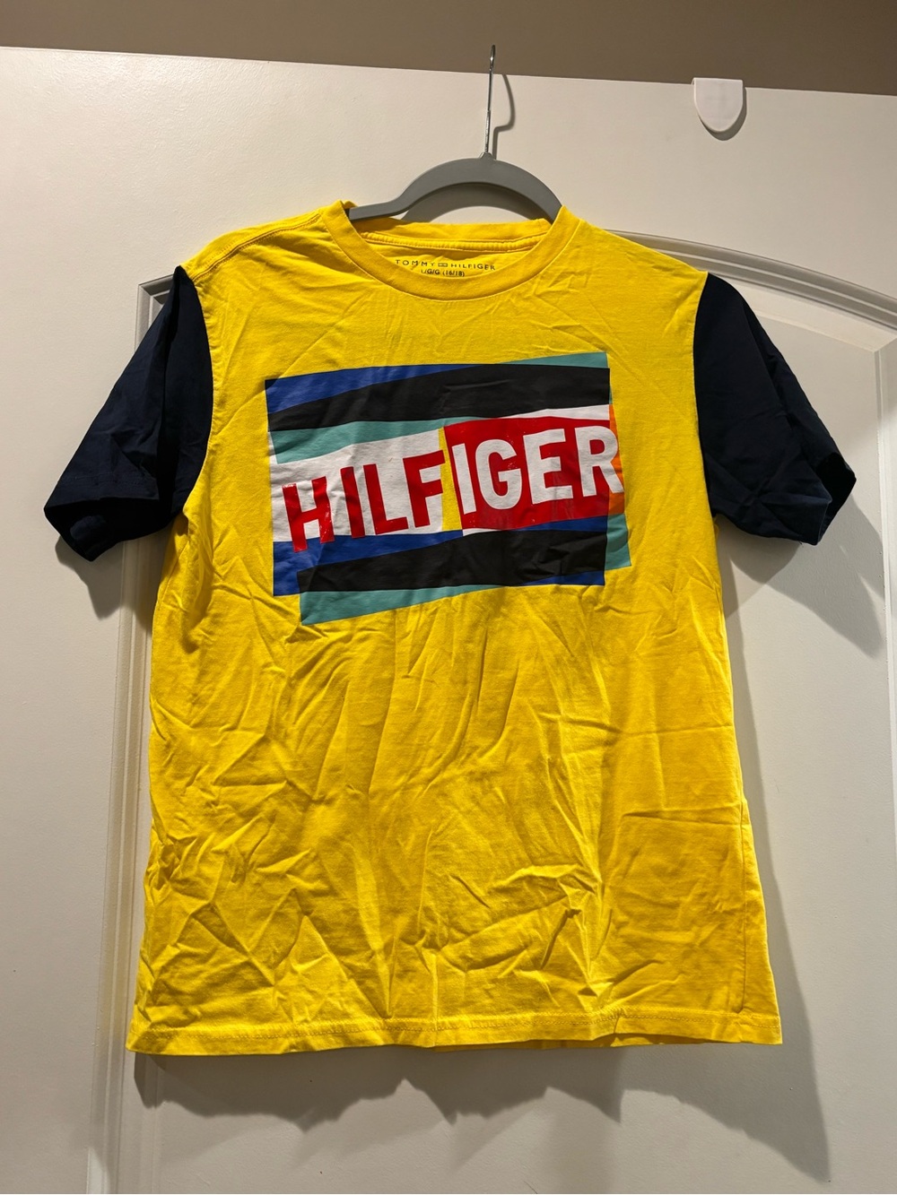 Tommy Hilfiger Yellow Tee with Navy Sleeves and Multi-Color Logo